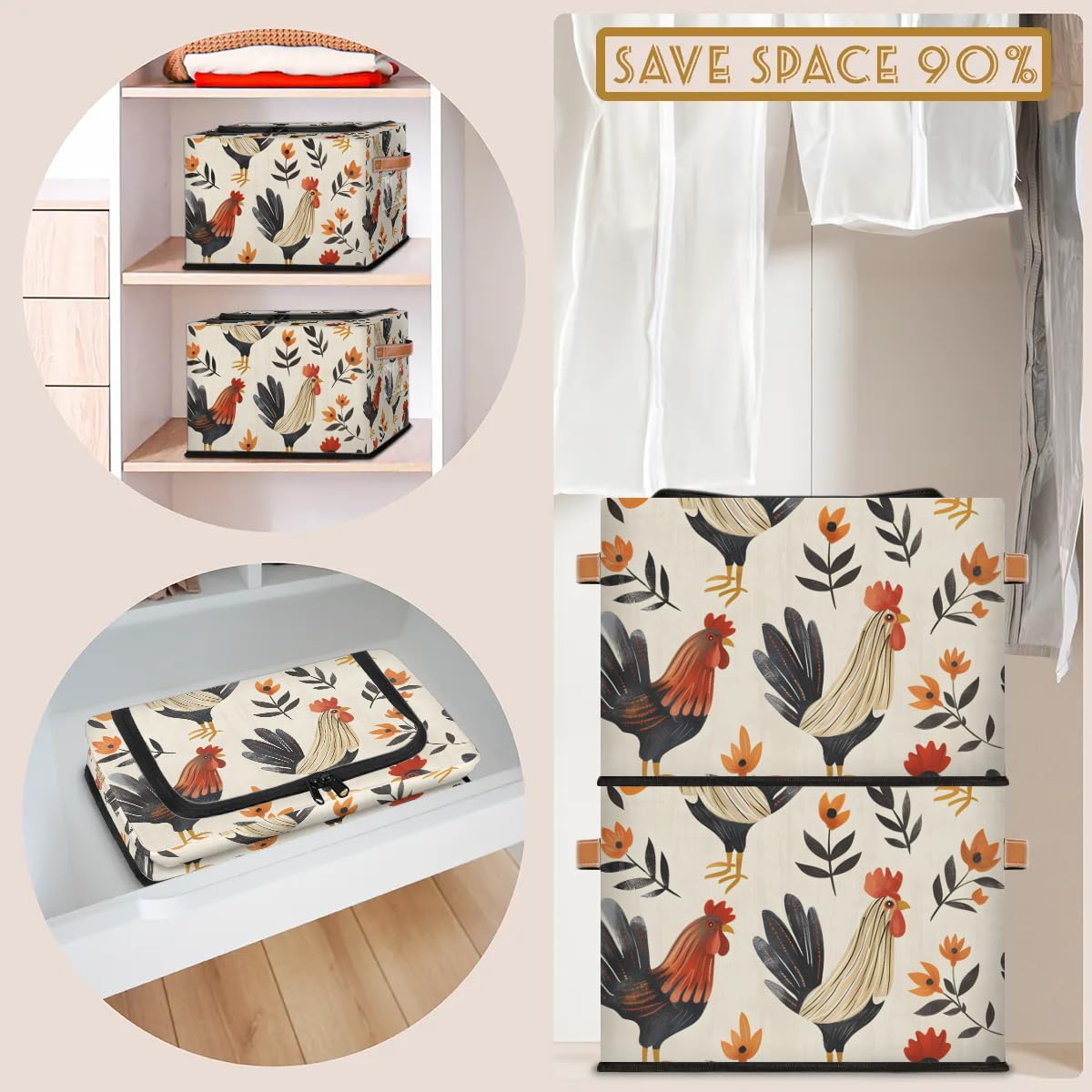 2-Pack Stackable Flower Print Chicken Storage Bins with Zipper Lid & Metal Frame - PU Handled Closet Organizer Cubes for Clothes, Toys & Home Organization | Perfect for Bedroom, Nursery & Dorm Storage Solutions