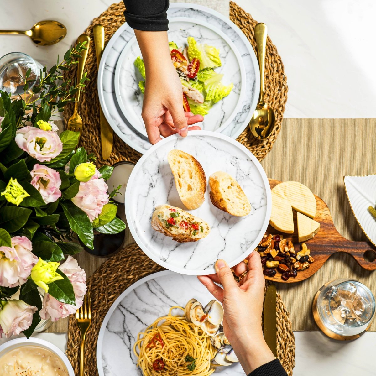 12-Piece White Marble Melamine Dinnerware Set - Plates & Bowls for Stylish Dining, Outdoor Picnics & Durable Everyday Use