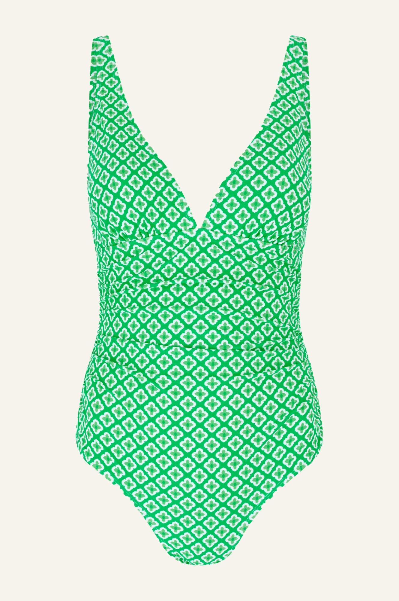 Eco-Friendly Recycled V Neck Ruched Swimsuit - Diamond Geo Green One Piece Bathing Suit for Women | Perfect for Beach Vacations, Pool Parties & Summer Getaways