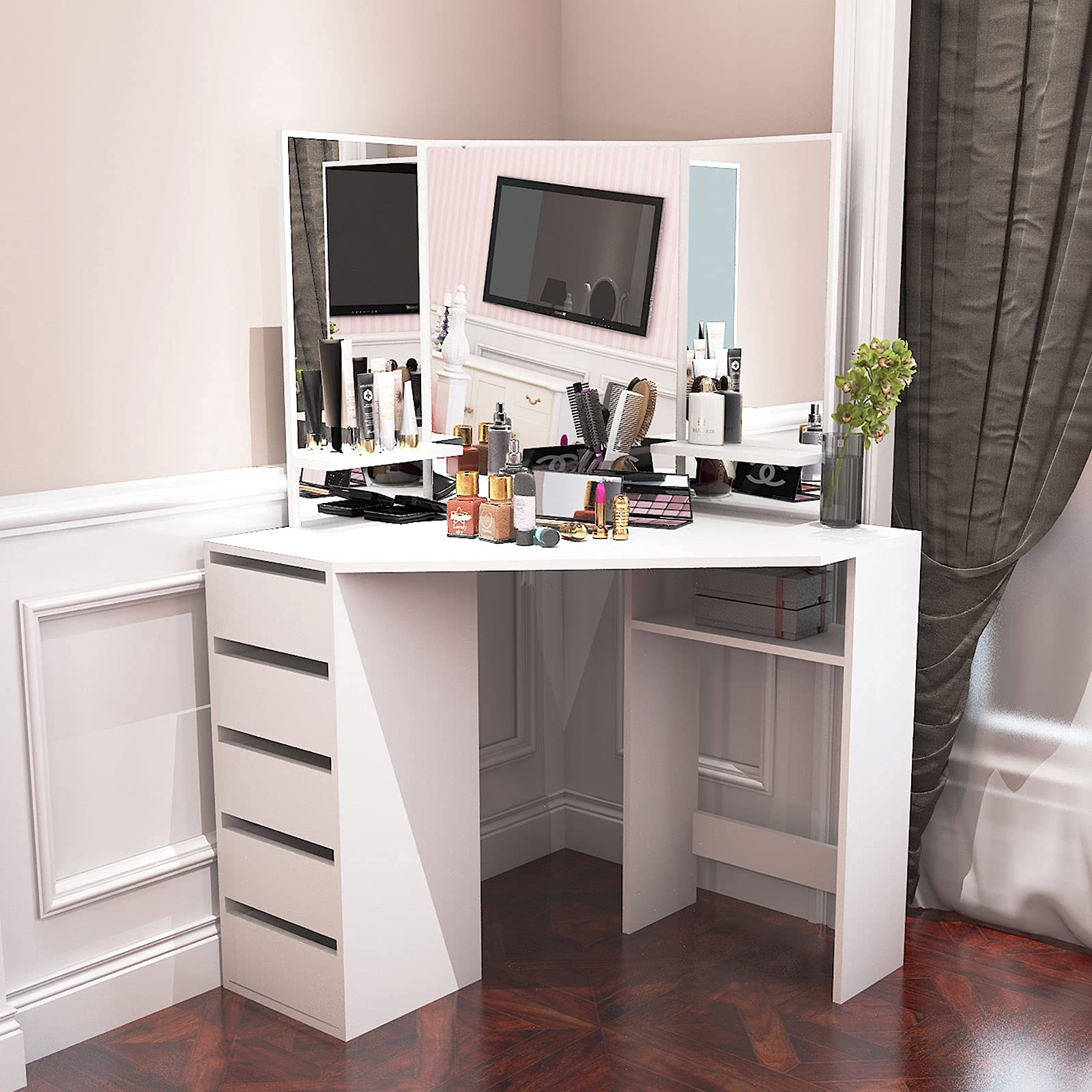 Modern Wooden Corner Dressing Table with 3-Fold Mirror & 5 Drawers - Space-Saving Vanity Desk for Bedroom Makeup & Skincare Organization - Perfect for Small Spaces, Apartment Living & Beauty Routines