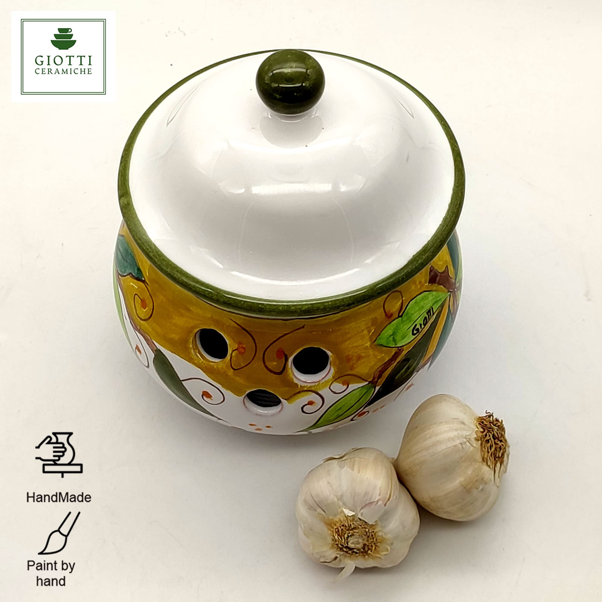 Hand Painted Italian Ceramic Garlic Keeper with Lid - Tuscan Kitchen Storage Jar for Garlic, Tea, Coffee & Spices - Authentic Italian Pottery Home Decor - Perfect for Farmhouse, Rustic & Mediterranean Style Kitchens