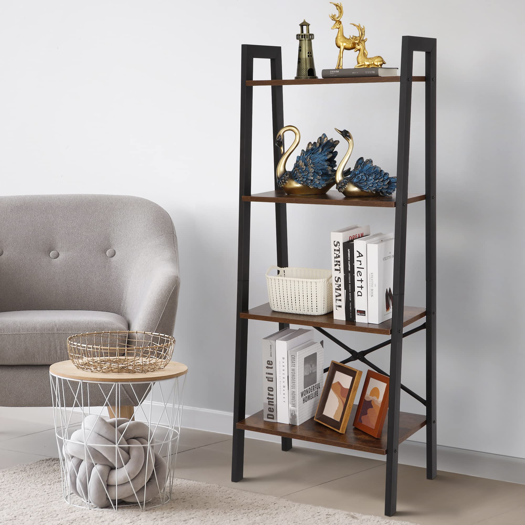 ZenStyle 4-Tier Rustic Ladder Bookshelf - Wood & Metal Leaning Wall Shelf for Home Storage, Decor, Plants | Perfect for Living Room, Bedroom, Office, Kitchen & Bathroom Organization | Space-Saving Corner Bookcase for Books, Flowers & Display