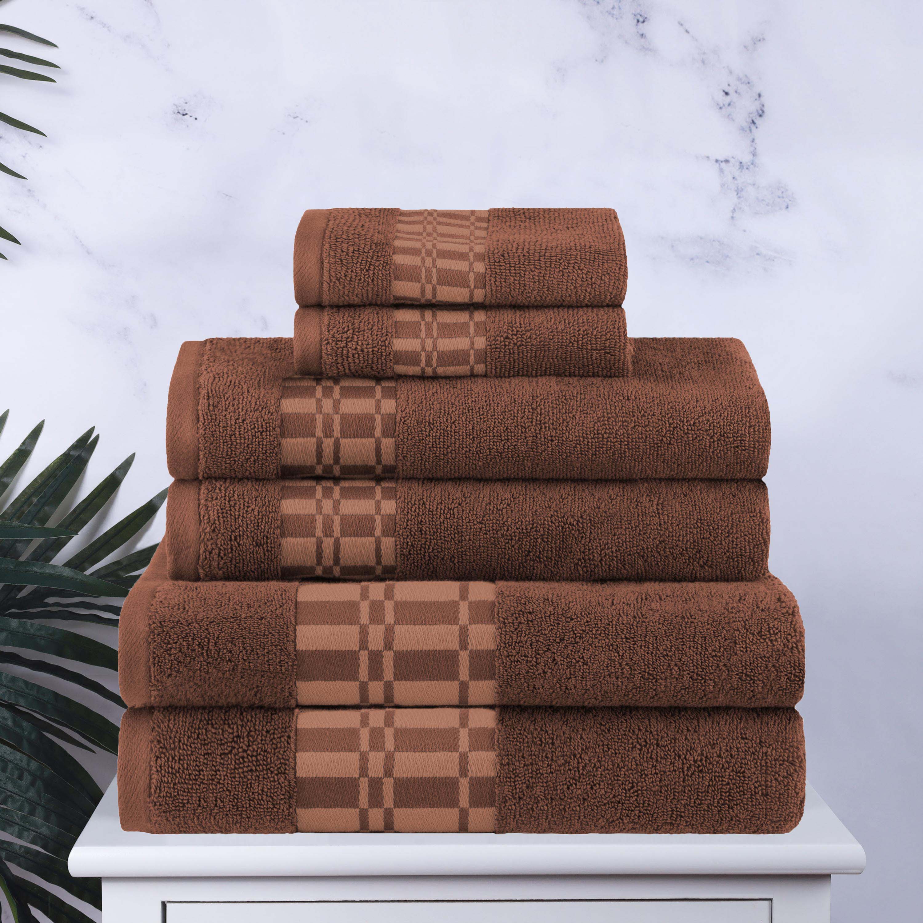 Larissa Cotton Geometric Embroidered Border 6-Piece Bath Towel Set | Soft & Absorbent Luxury Towels for Bathroom, Spa & Guest Use