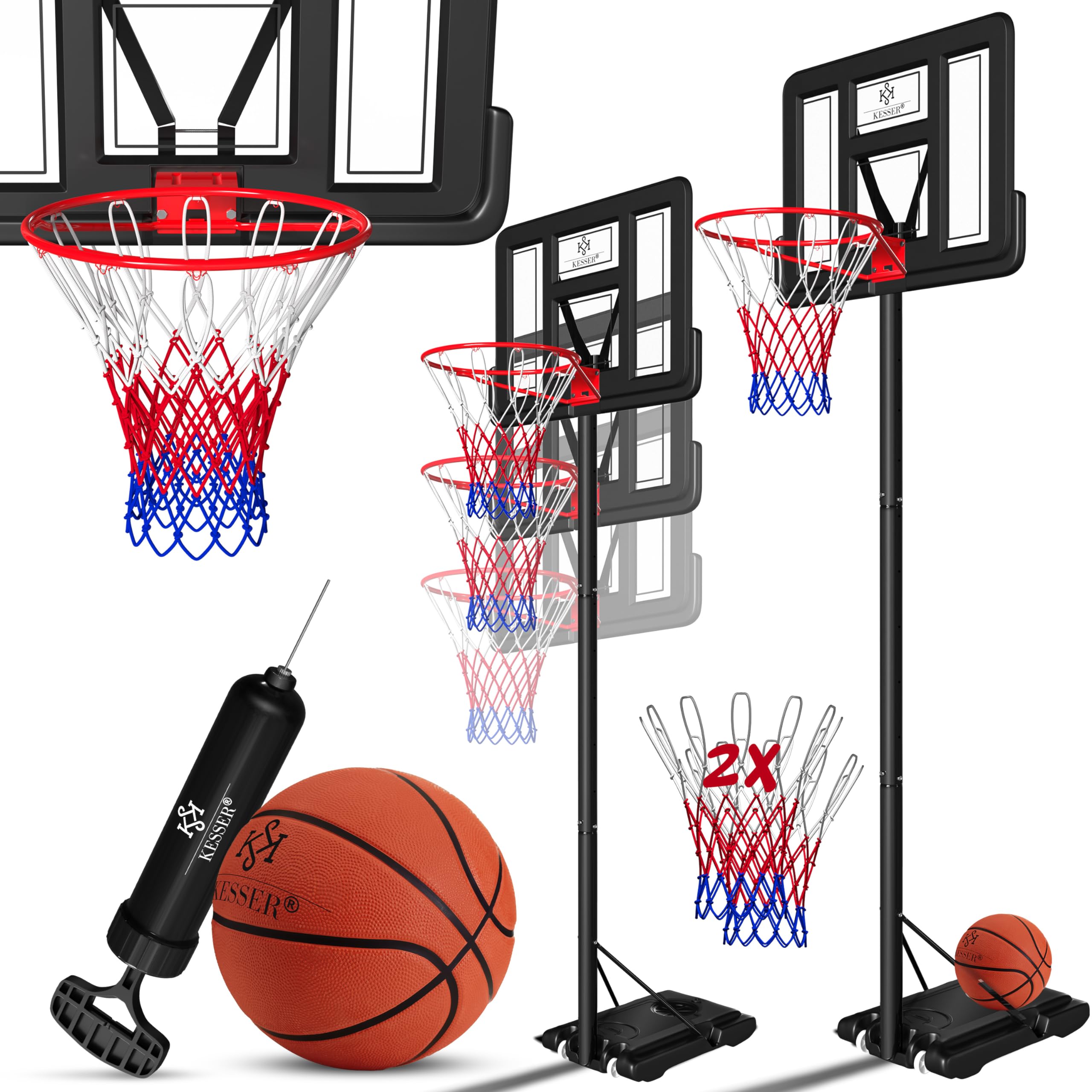 Premium KESSER® Adjustable Basketball Hoop with Stand & Wheels - 7.5ft to 10ft Height Adjustment - Includes Basketball & Air Pump - Indoor/Outdoor Basketball Goal System for Kids & Adults - Perfect for Driveway, Backyard & Gym Training