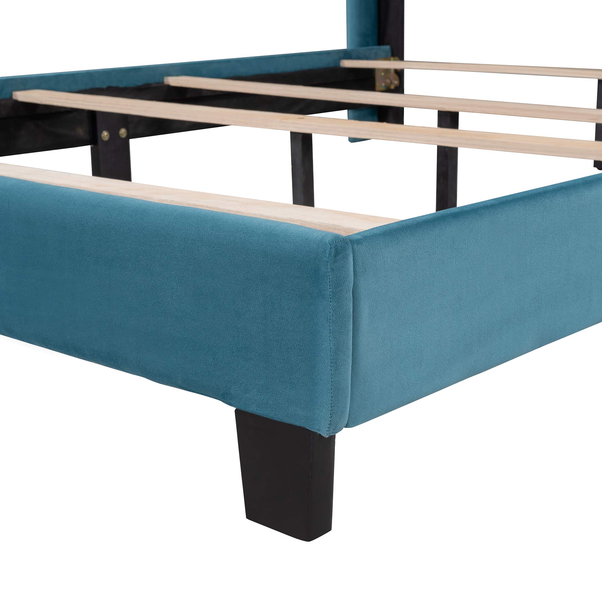 Blue Velvet Upholstered Queen Platform Bed Frame with Wooden Slats & Stylish Headboard - Modern Bedroom Furniture for Guest Rooms & Master Suites | Queen Size Bed with Luxurious Velvet Fabric for Elegant Home Decor