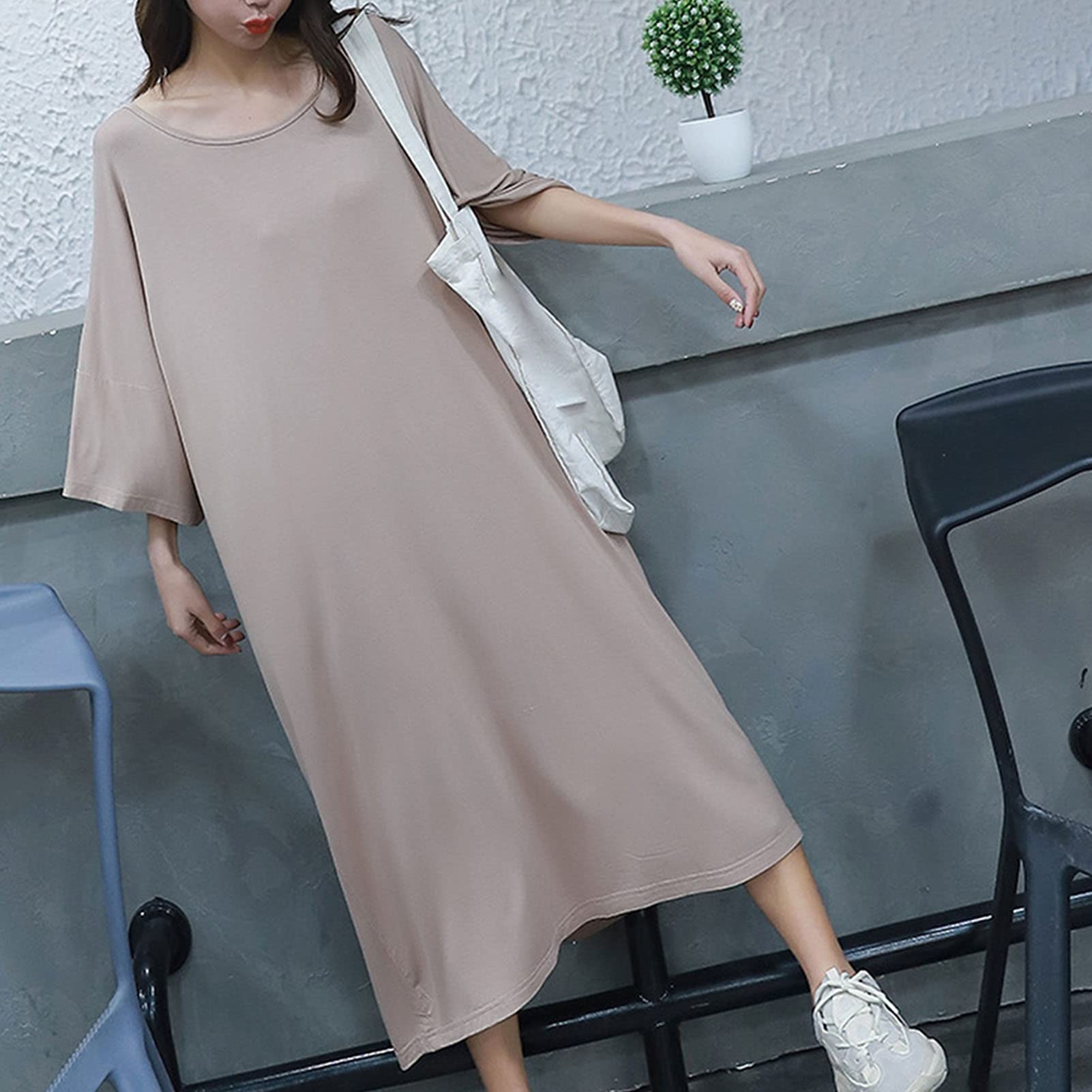 Women's Plus Size Henley V-Neck Loungewear - 3/4 Sleeve Sleepwear & Nightgown Pajama Dress for Relaxing at Home | Comfortable Midi-Length Nightwear for Sleep, Lounge & Casual Wear