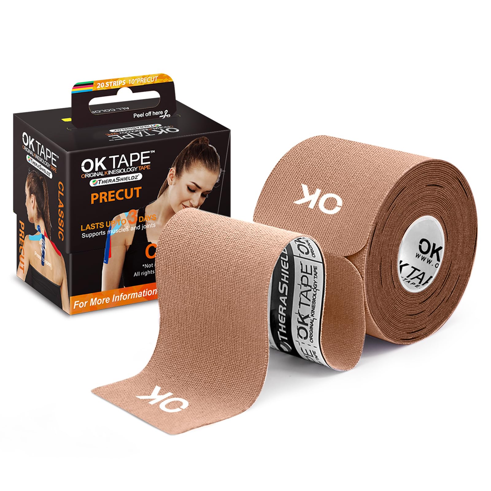 OK TAPE Kinesiology Tape 10 Inches Precut - 20 Strips Cotton Elastic Athletic Tape for Pain Relief & Muscle Support, Latex-Free (2in x 16ft, Beige) - Ideal for Sports, Recovery & Physical Therapy