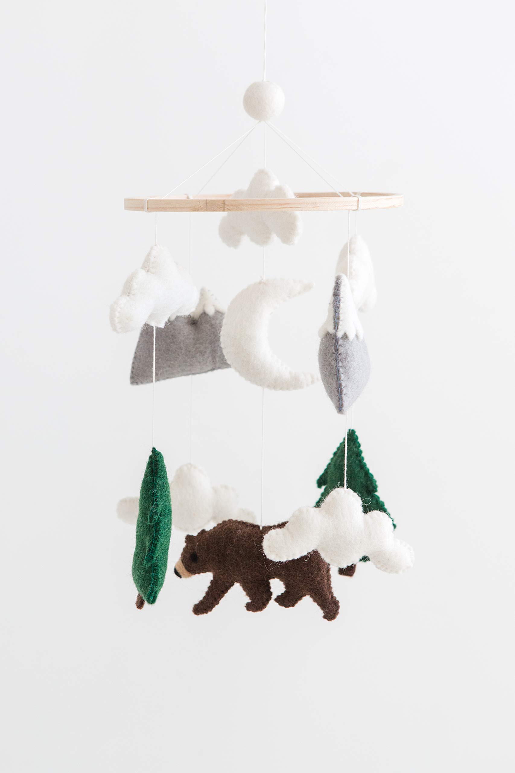 Bear and Mountain Baby Felt Mobile - Woodland Bear Nursery Decor, Wilderness Theme Neutral Nursery Mobile, Handmade Forest Animal Crib Mobile for Boys & Girls - Perfect for Baby Showers, Nursery Decorations and Newborn Gifts