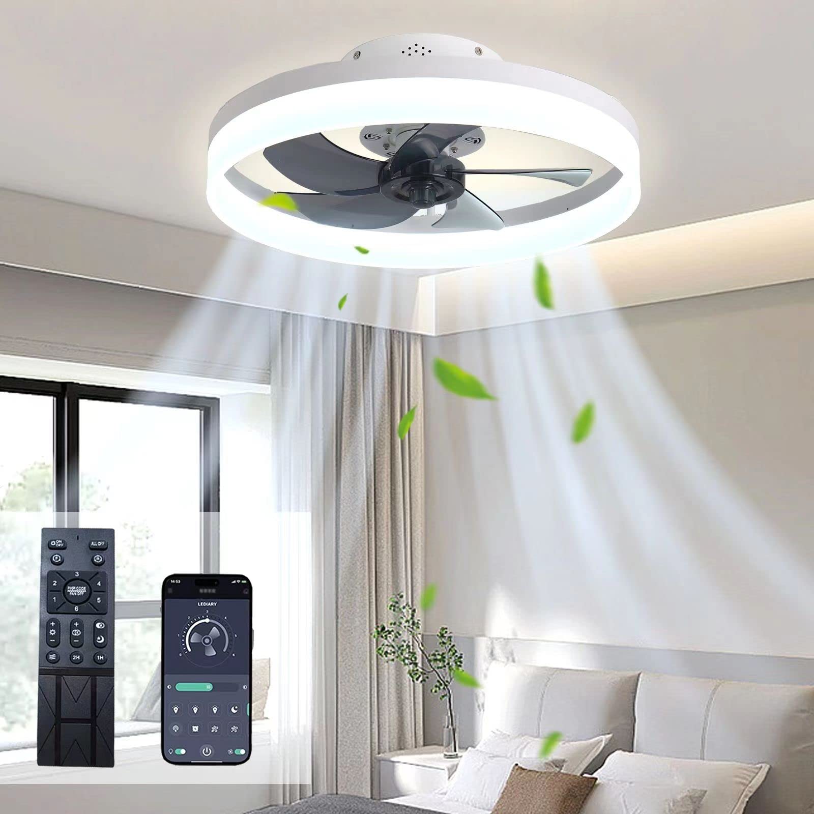 Modern Smart Flush Mount Ceiling Fan with LED Lights - Dimmable Low Profile, Remote Control, 3 Color Temperatures & 6 Speed Settings - Perfect for Bedroom, Living Room, Kitchen (White) - Energy Efficient Cooling & Ambient Lighting for Home & Office
