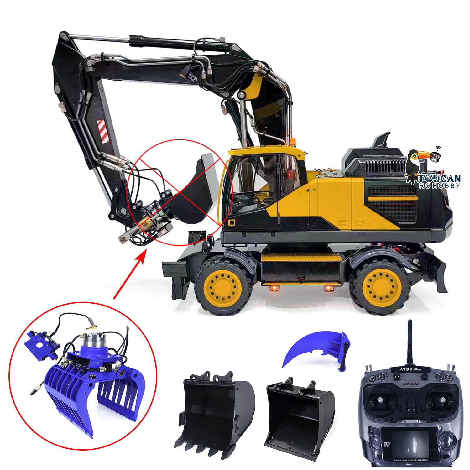 MTModel 1:14 Scale Metal RC Hydraulic Excavator - 3-Arm EC380 Wheeled Remote Control Construction Toy with Motor, Servo & ESC - Perfect for Construction Simulation, Kids Play & Collectors