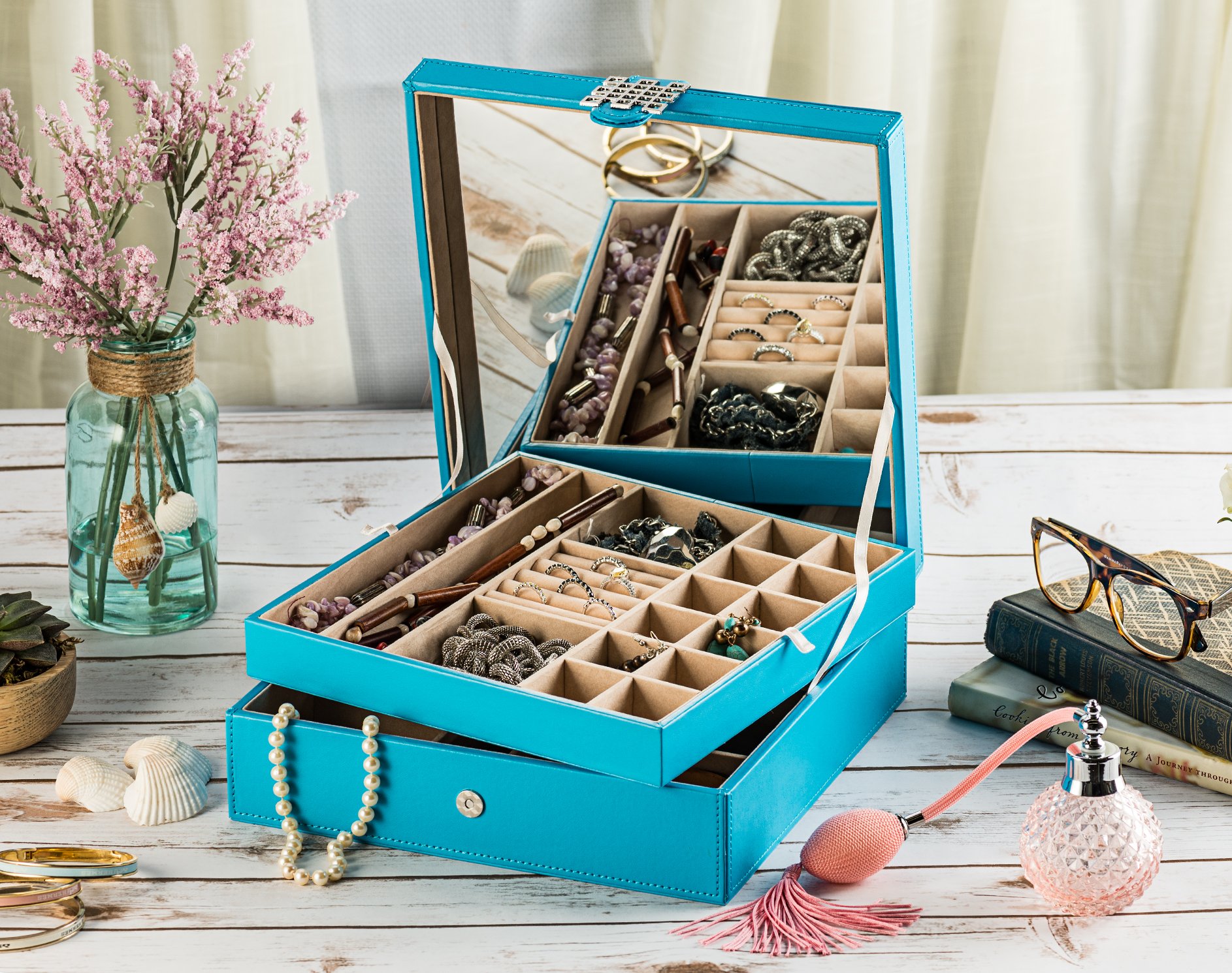 Co Jewelry Box - 28-Section Jewelry Organizer with Modern Buckle Closure, Large Mirror & 2 Trays | PU Leather Jewelry Storage for Women, Teens & Girls | Holds Earrings, Rings, Necklaces, Bracelets & Watches | Perfect for Bedroom Vanity, Travel & Gift (Blue)