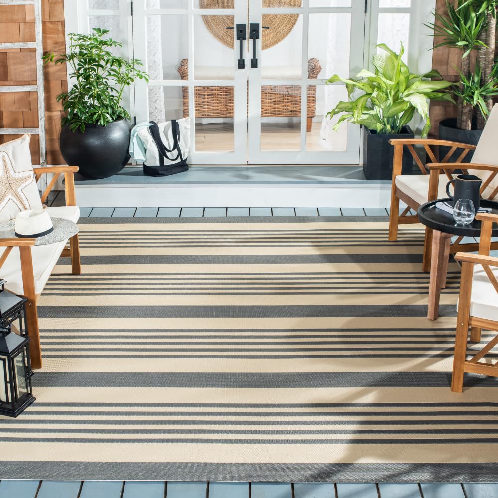 SAFAVIEH Courtyard Collection 8' x 11' Grey & Bone Stripe Area Rug - Non-Shedding, Easy Care, Washable Indoor/Outdoor Rug for Living Room, Bedroom, Patio, Backyard & Mudroom (CY6062-236)