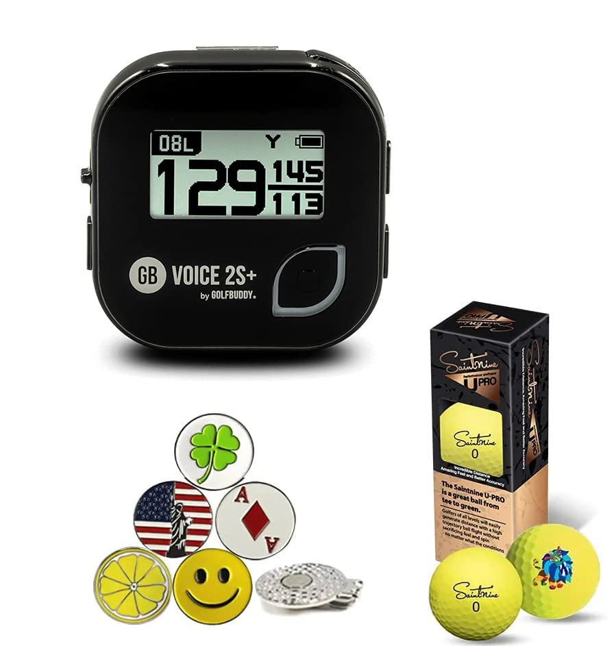 GolfBuddy Voice 2S+ Golf GPS Rangefinder with Magnetic Hat Clip & 5 Ball Markers | Saintnine 3 Ball Sleeve | Accurate Distance Measurement for Golfers | Perfect for Course Play & Practice Sessions