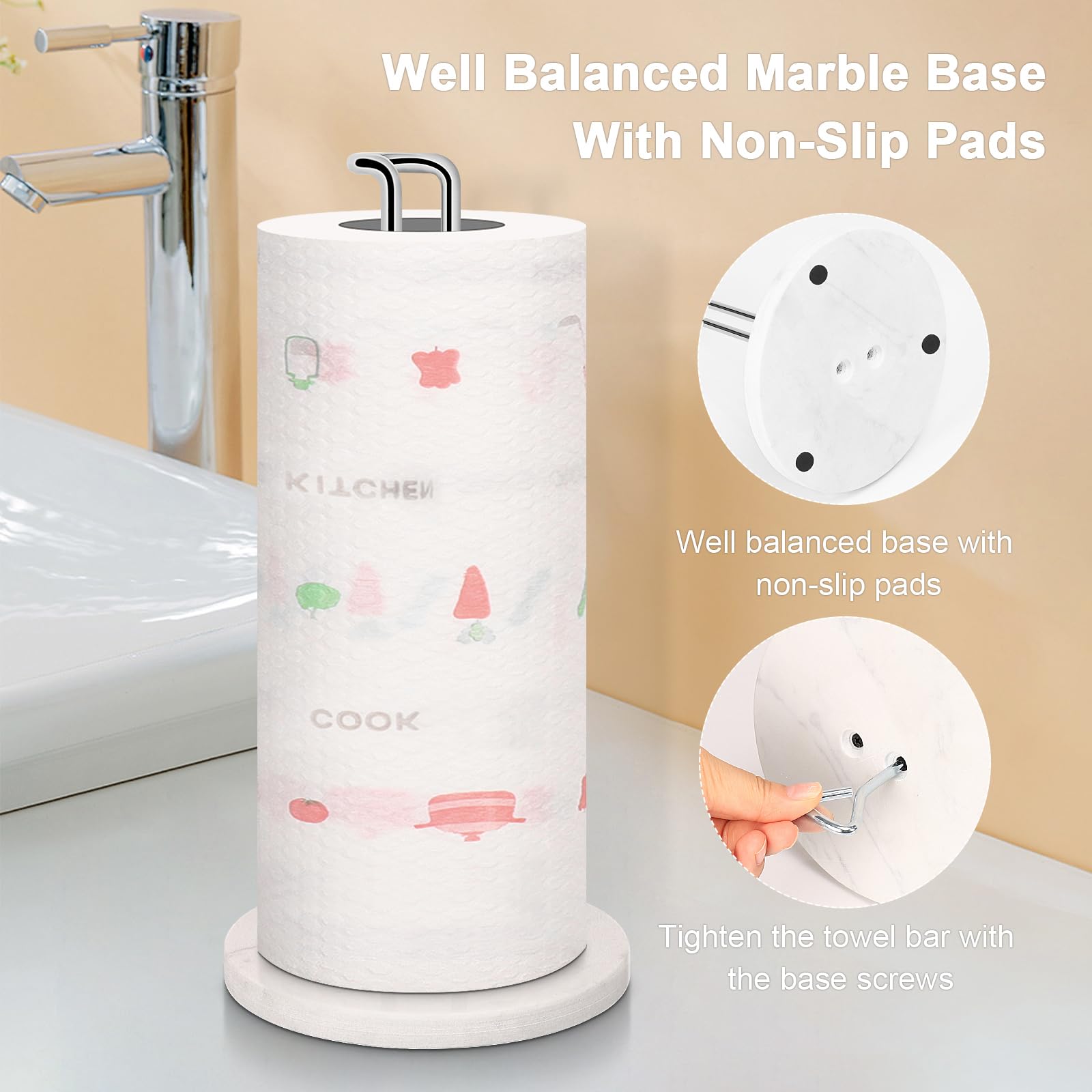 Premium Metal Paper Towel Holder with Marble Base - Sturdy Countertop Dispenser for Standard & Jumbo Rolls - Chrome Finish for Kitchen, Farmhouse & Living Room - Perfect for Easy Access While Cooking & Cleaning