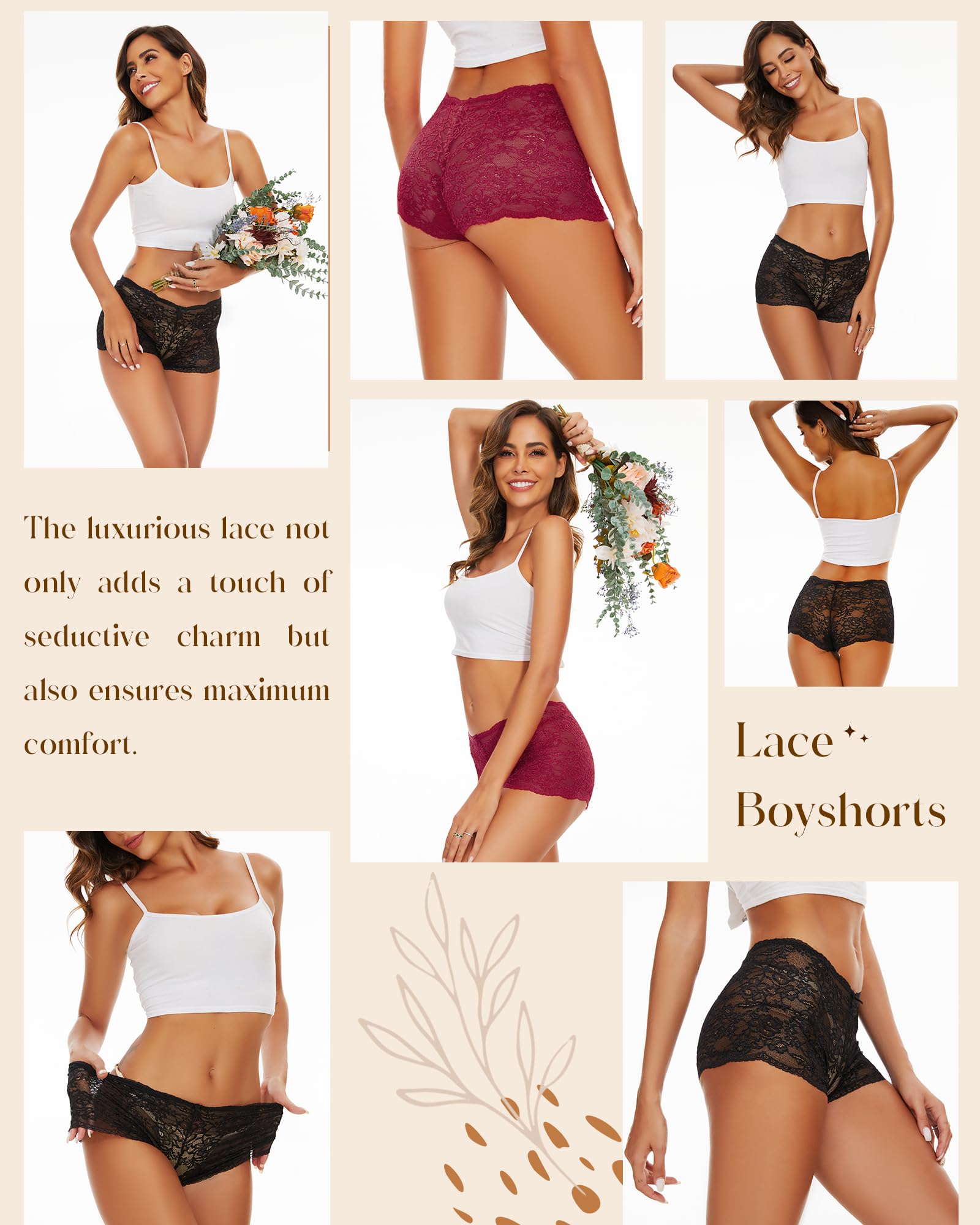 Sexy Lace Boyshorts Panties for Women - Plus Size V-Waist Underwear Soft Stretch 3 Pack - Comfortable Everyday Wear & Special Occasions