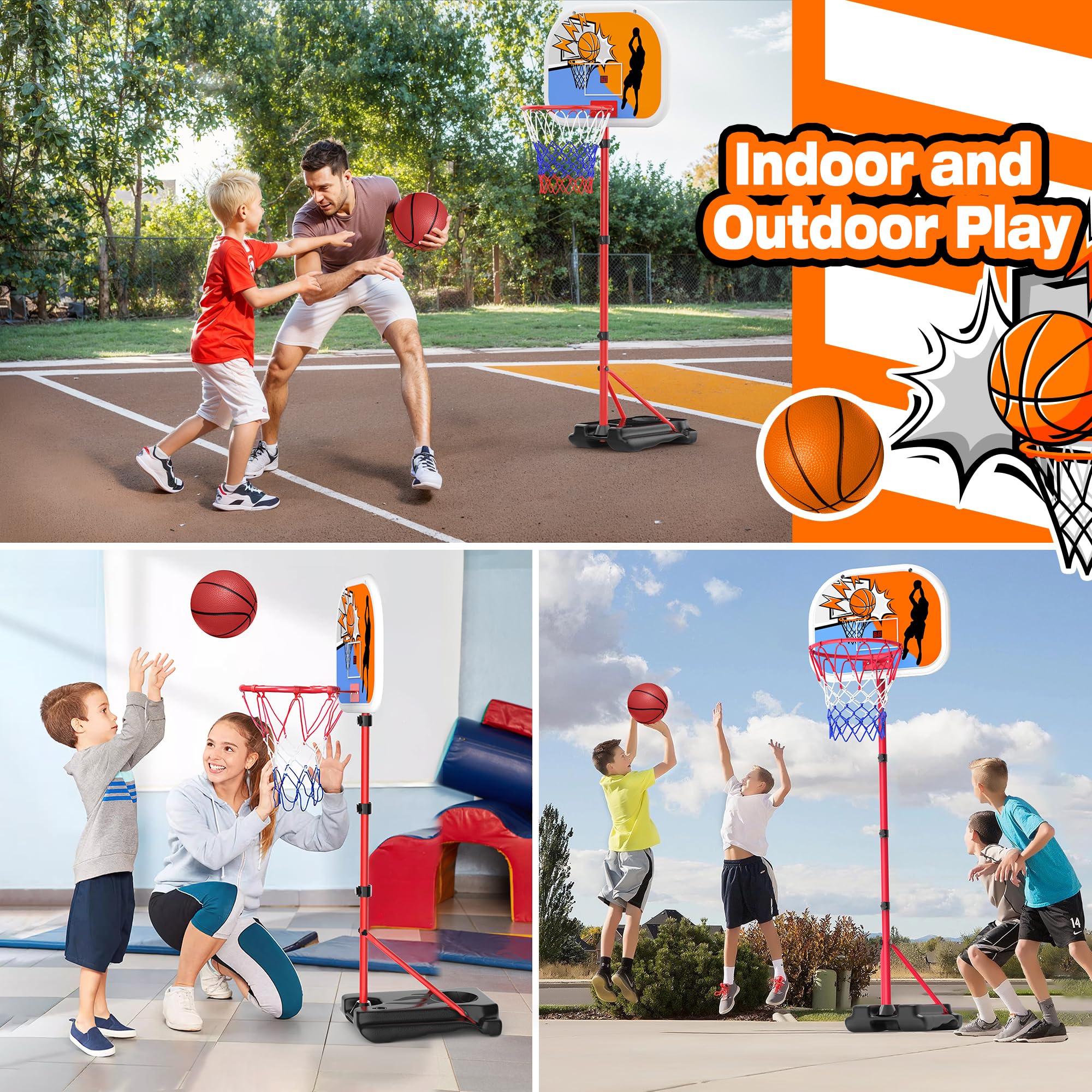 Adjustable Height Kids Basketball Hoop with Electronic Scoreboard (3.4ft-5.9ft) - Indoor/Outdoor Basketball Goal for Toddlers & Children Ages 3-8 - Perfect for Backyard, Playroom & Birthday Gifts for Boys & Girls