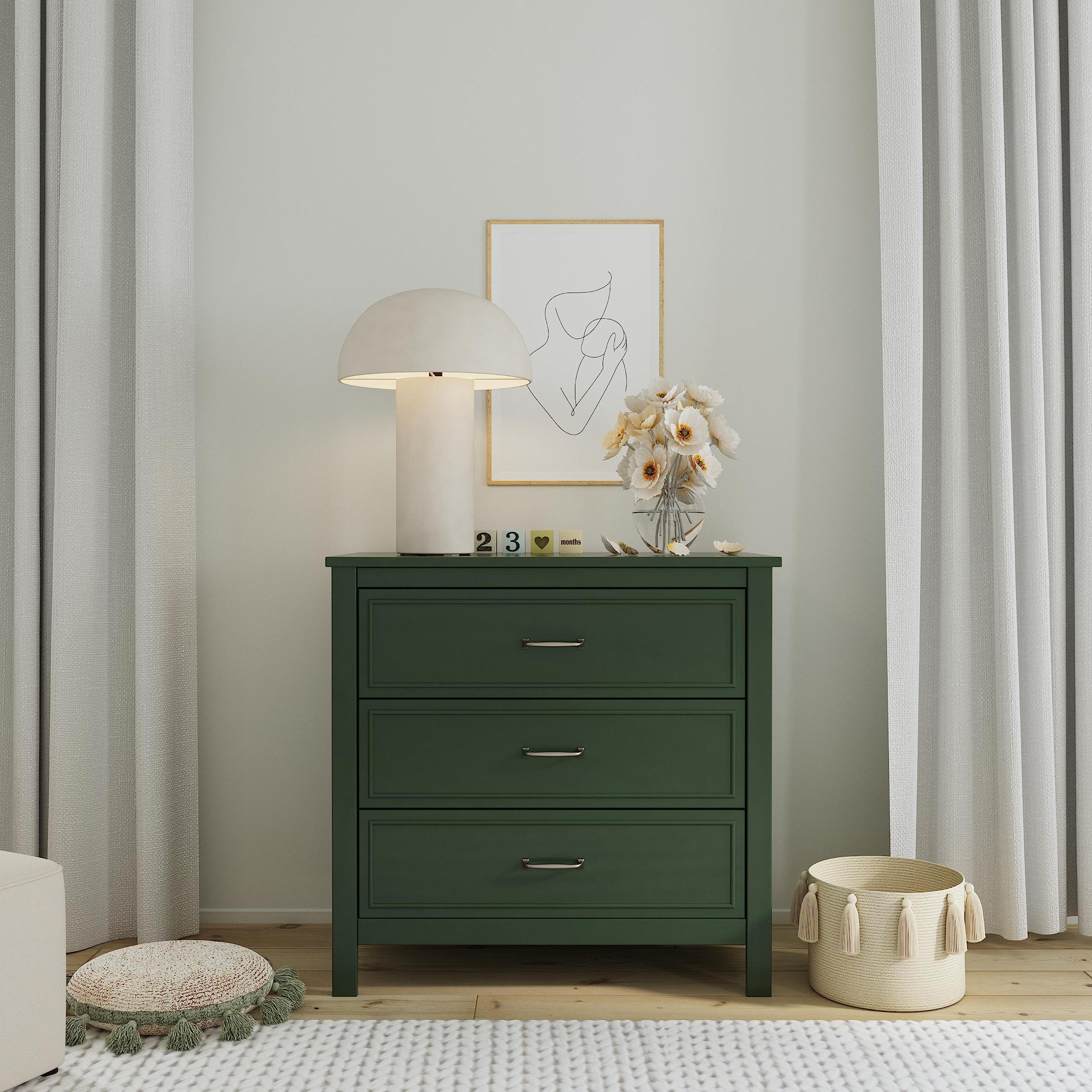 DaVinci Charlie 3-Drawer Dresser - GREENGUARD Gold Certified Wooden Chest for Nursery, Bedroom & Living Room - Compact Nightstand with Easy Assembly in Forest Green - Perfect for Baby Storage, Closet Organization & Small Space Decor