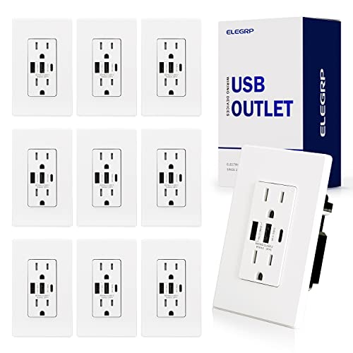 ELEGRP 30W 6.0 Amp 3-Port USB Wall Outlet with Type C & Type A Ports - 15A Receptacle for iPhone, iPad, Samsung, LG, HTC & Android Devices - UL Listed USB Charger with Wall Plate (10 Pack, Matte White) - Perfect for Home, Office, Hotel & Commercial Spaces