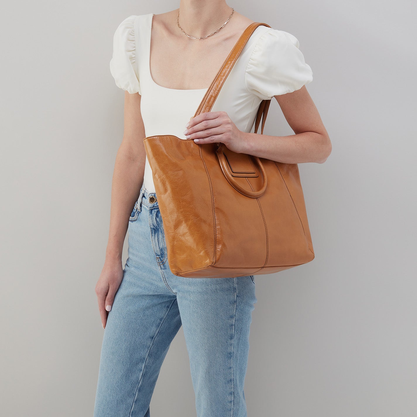 Sheila East West Leather Tote Bag - Premium Polished Leather in Natural Color - Perfect for Work, Travel, and Everyday Use