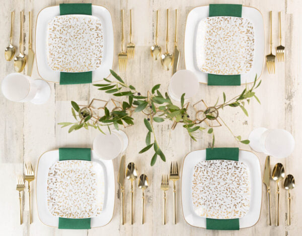 32-Piece Gold & White Leaf Square Plastic Dinnerware Set - BPA-Free Reusable Tableware for 16 Guests - Perfect for Outdoor Picnics, Garden Parties & Eco-Friendly Dining
