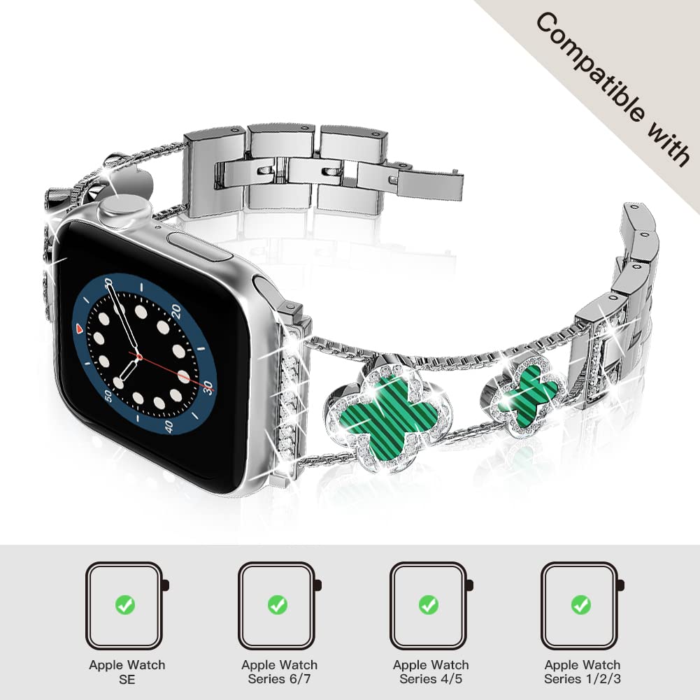 Premium Diamond Metal Bands for Apple Watch Series 10/9/8/7/6/5/4/3/2/1SE/Ultra - Sparkling Clover Design, Stylish & Durable, Compatible with 38mm-49mm - Perfect for Women's Fashion, Daily Wear & Special Occasions