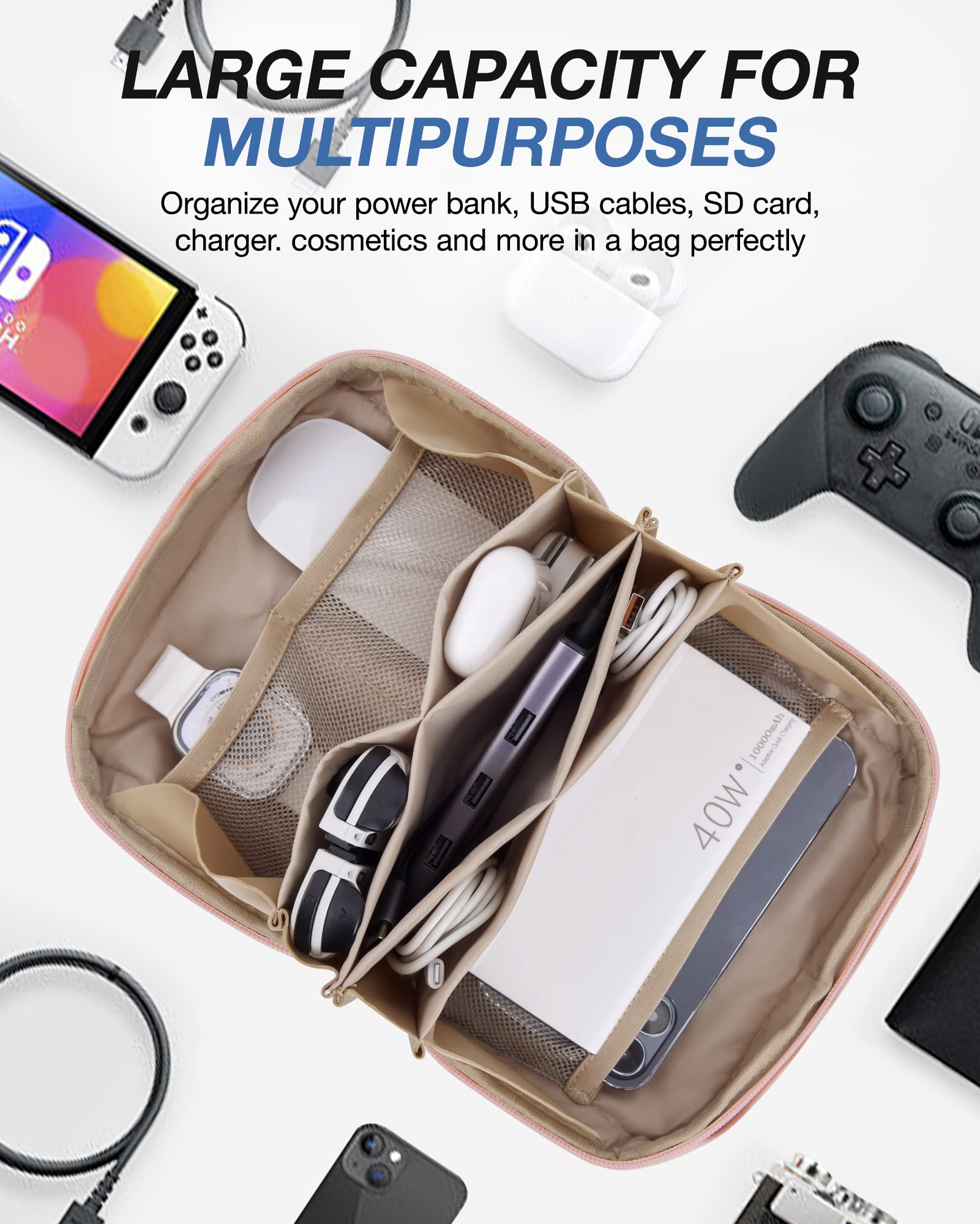 BAGSMART Small Travel Tech Organizer Pouch - Waterproof Electronics Accessories Case for Phones, Cables, Chargers - Portable Cord Organizer Bag with Handle for Men & Women (Pink) | Perfect for Airplane, Office & Daily Commute