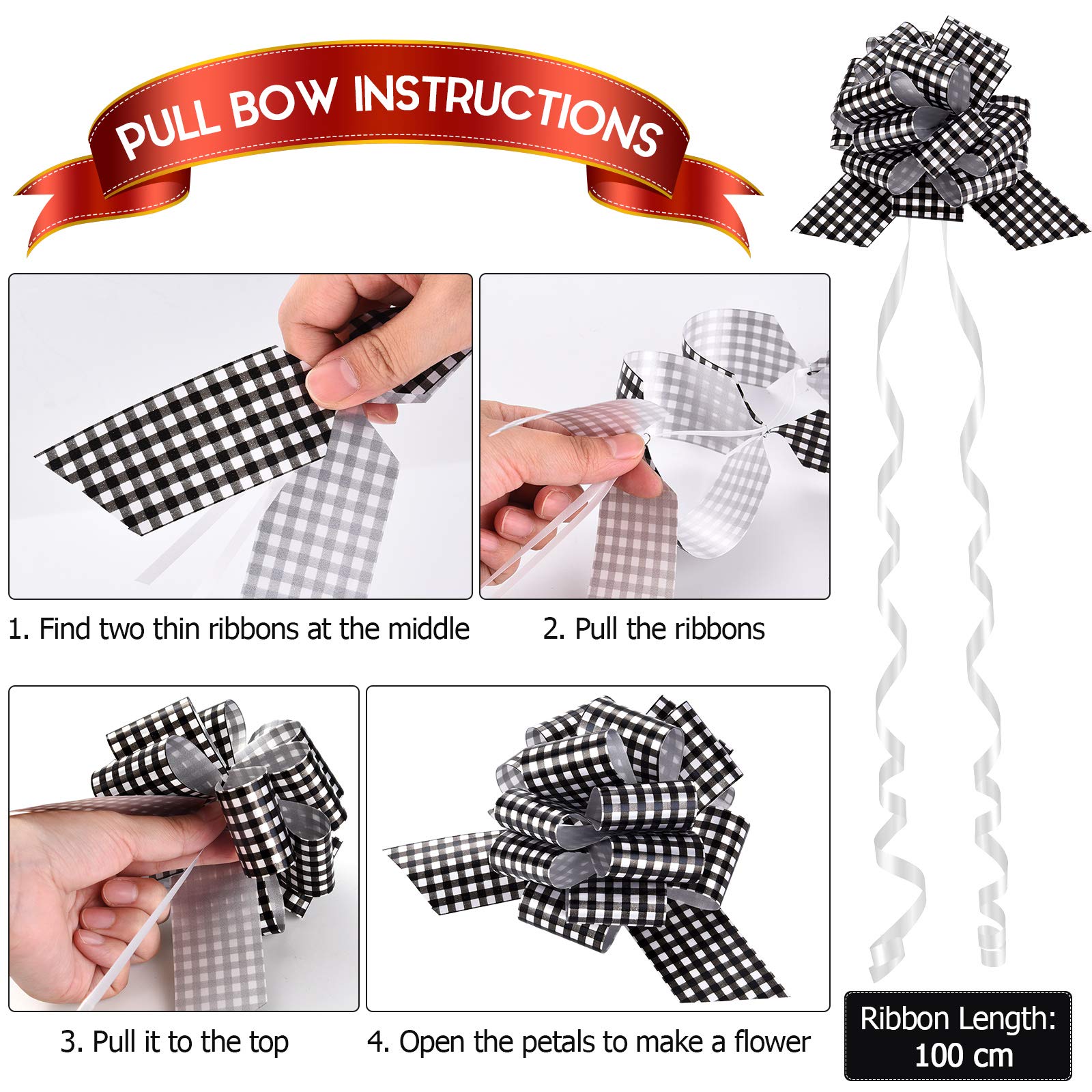 20-Piece 5-Inch Christmas Pull Bows - Black and White Plaid Gift Wrapping Bows for Presents, Tree Decor, Wreaths & Holiday Baskets - Buffalo Check Ribbon Bows for Festive Home Decor & Party Gift Packaging