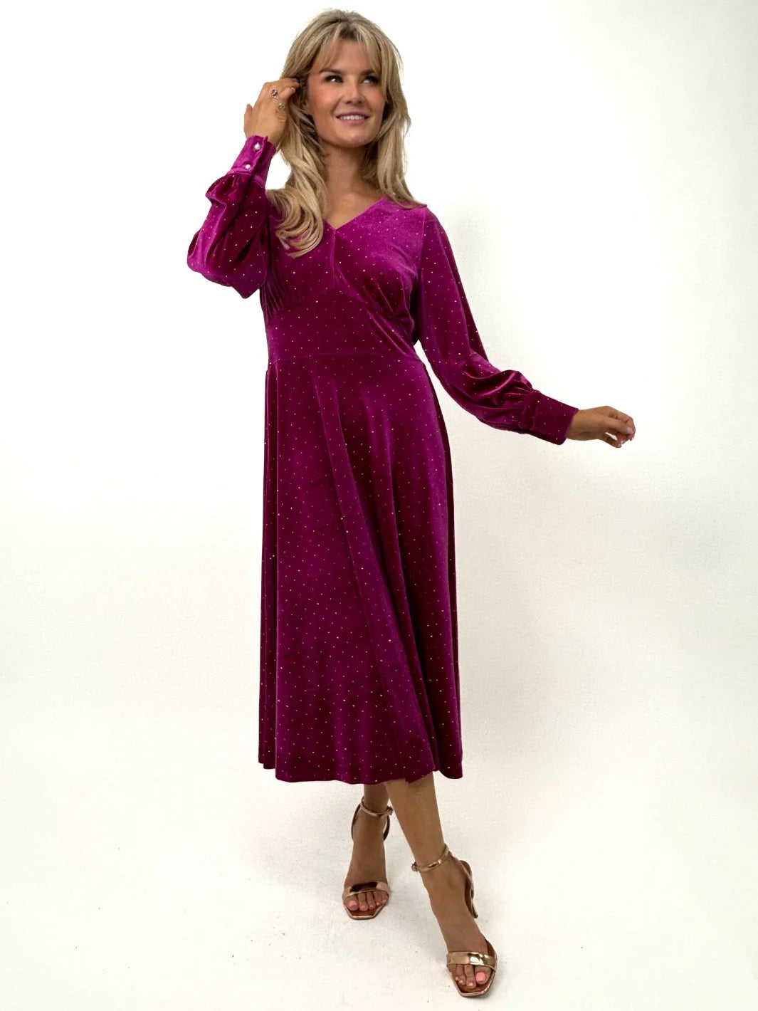 Elegant Ellen Velvet Rhinestone Midi Dress for Women - Pink Evening Party Gown | Perfect for Cocktail Parties, Weddings & Special Occasions