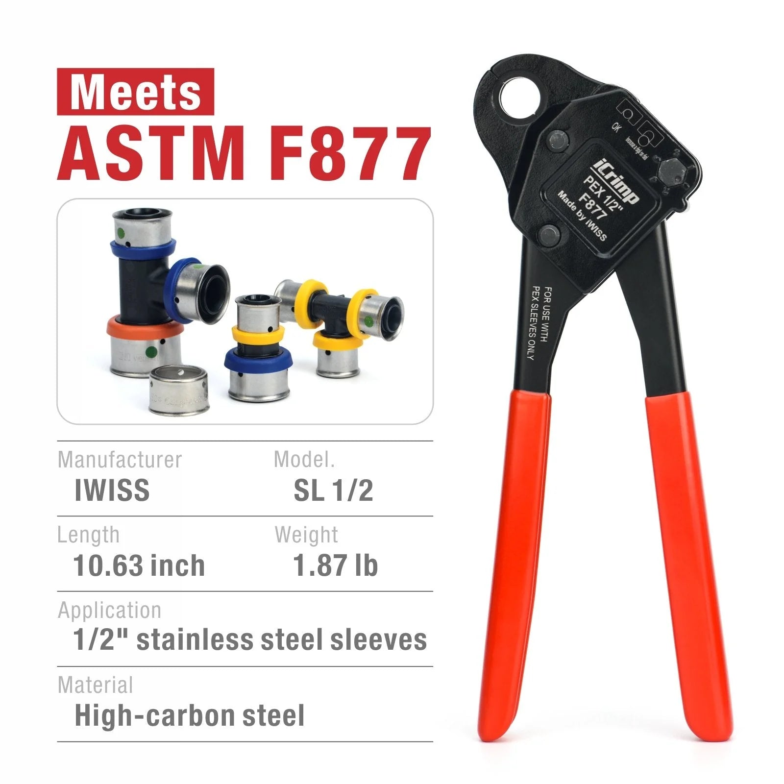 Angled Head Crimping Tool for 3/4 Inch F877 Stainless Steel Press Sleeves with Go/No-Go Gauge - Ideal for Plumbing, HVAC, and Industrial Pipe Fitting