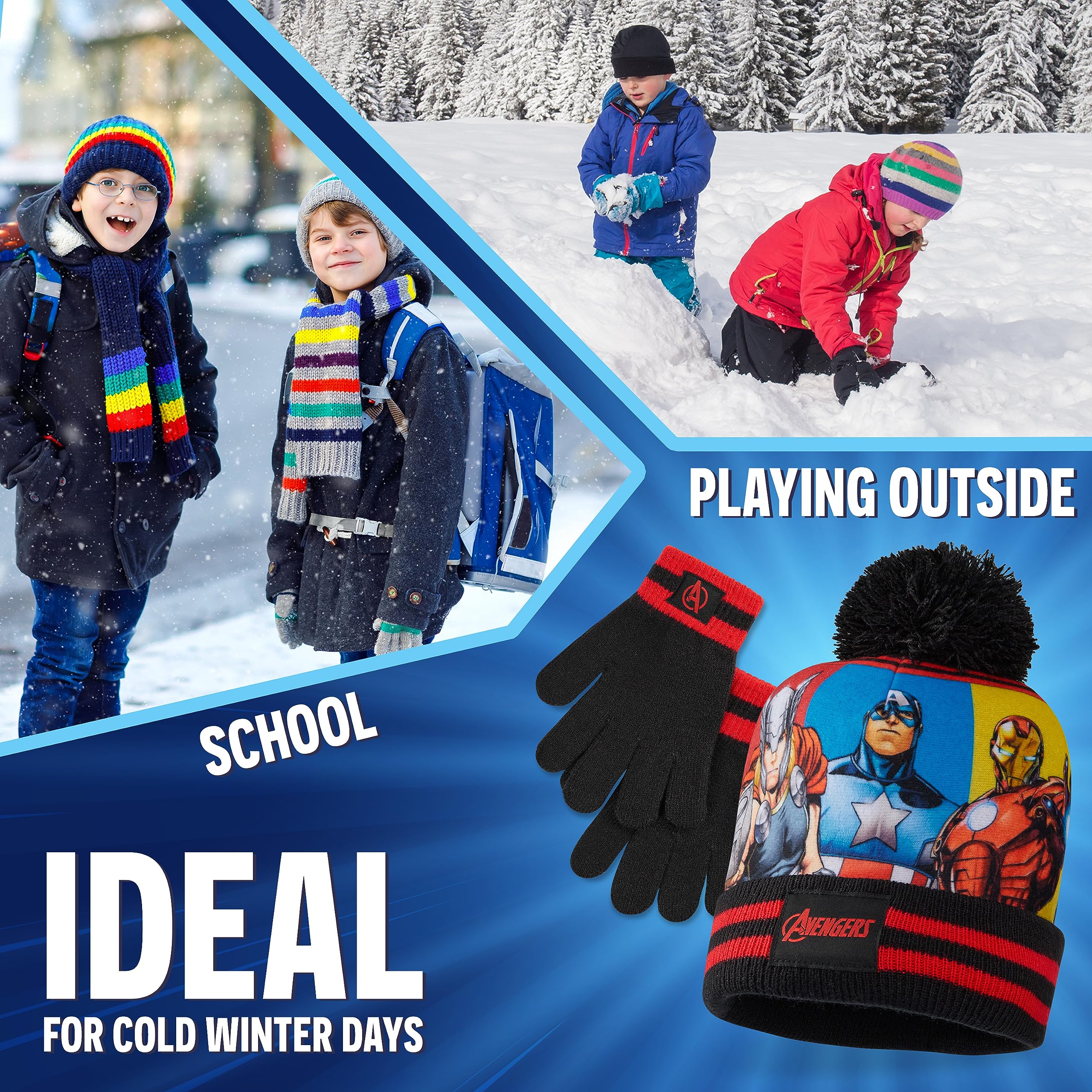 Marvel Avengers Boys Winter Hat and Gloves Set - Warm Beanie & Cold Weather Accessories for Kids - Perfect for Snow Play, Outdoor Activities & Superhero Gifts