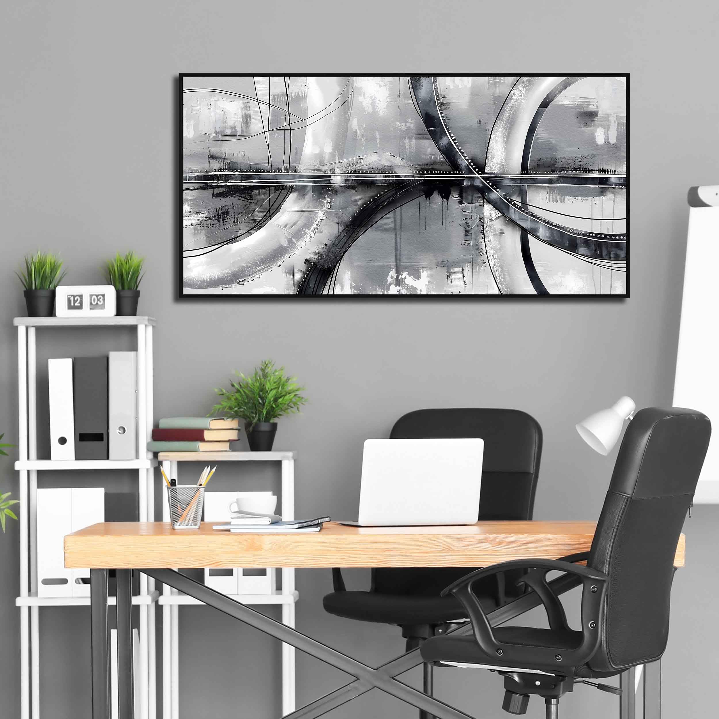 Abstract Black and White Framed Wall Art - Modern Grey Painting for Bedroom, Living Room & Office Decor - 24x48 Inch Canvas Artwork - Perfect for Gallery Walls & Home Interior Design