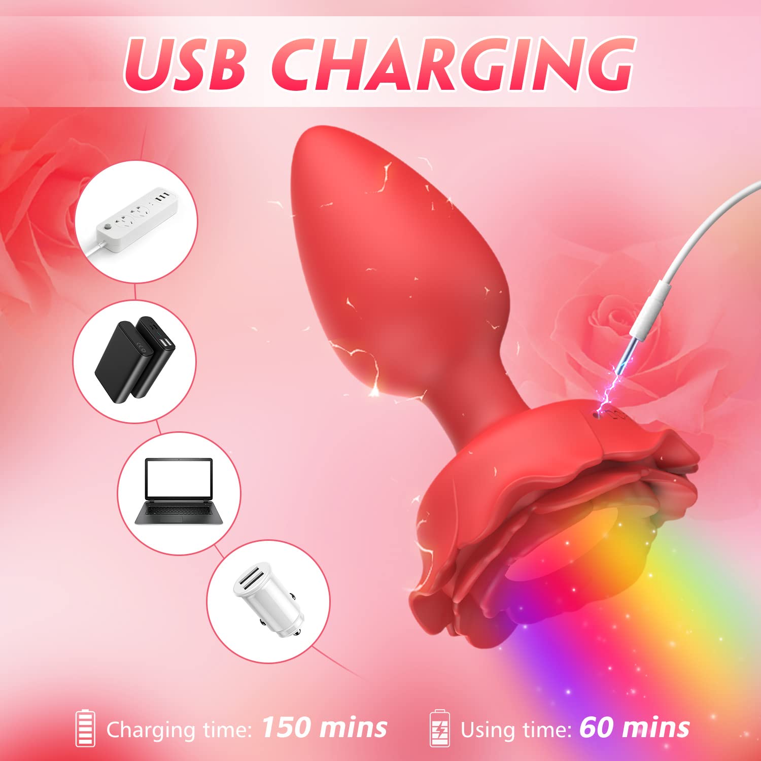 Rose Vibrating Anal Plug for Women - 10 Powerful Vibration Modes, LED Light Up Butt Plug for Couples Play, Sensual Adult Sex Toy for Enhanced Pleasure & Intimacy | Perfect for Bedroom Fun, Spicing Up Relationships & Solo Exploration