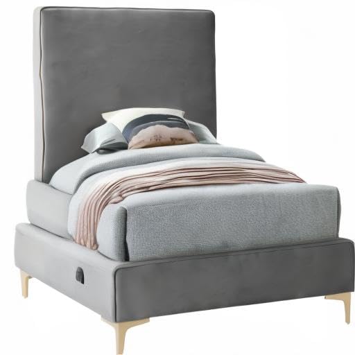 Modern Velvet Upholstered Twin Bed with Gold/Chrome Finish - Geri Collection by Meridian Furniture | Luxury Bedroom Decor for Contemporary Homes & Guest Rooms