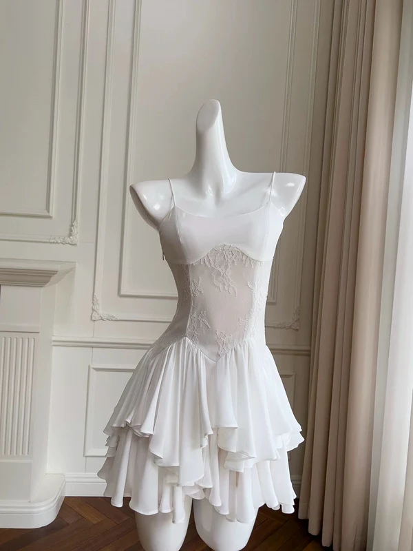 Elegant A-Line Spaghetti Strap Chiffon Short White Homecoming Dress - Perfect for Birthday Parties, Prom, and Special Occasions | Style J4298