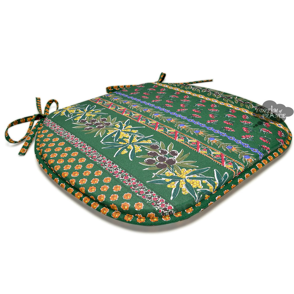 Le Cluny French Style Chair Pad - Green Acrylic Coated Cotton Cushion with Olive Design | Perfect for Dining Room, Kitchen, or Outdoor Patio Furniture