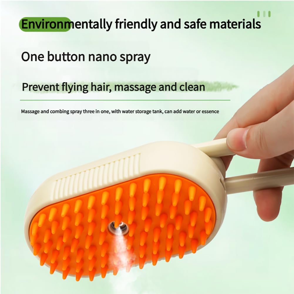 Chevaroo 3-in-1 Self-Cleaning Steam Pet Brush for Dogs & Cats - 360° Rotating Silicone Bristle Head for Shedding Control & Grooming - Perfect for Home Pet Care & Professional Grooming (Orange & Khaki)