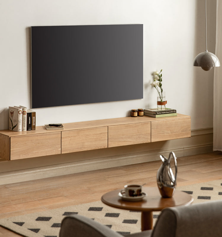 Oak Solid Wood TV Stand with Hanging LED Lights - Modern Entertainment Center for Living Room & Home Theater