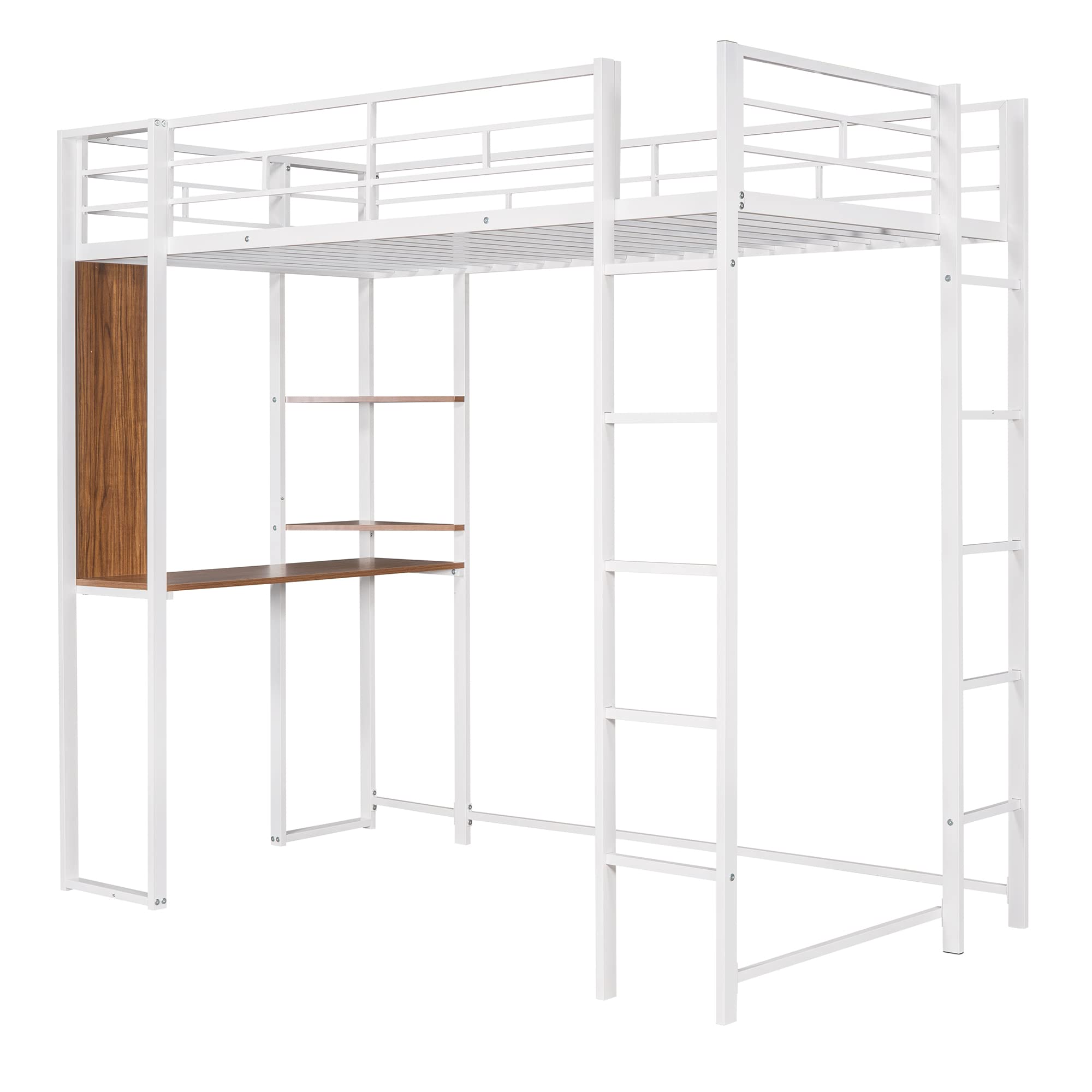 Twin Metal Loft Bed with Desk & Bookcase - Sturdy High Loft Bed Frame for Teens & Kids - White Space-Saving Study Bed with Computer Workstation - Perfect for Small Bedrooms, Dorm Rooms & Home Offices