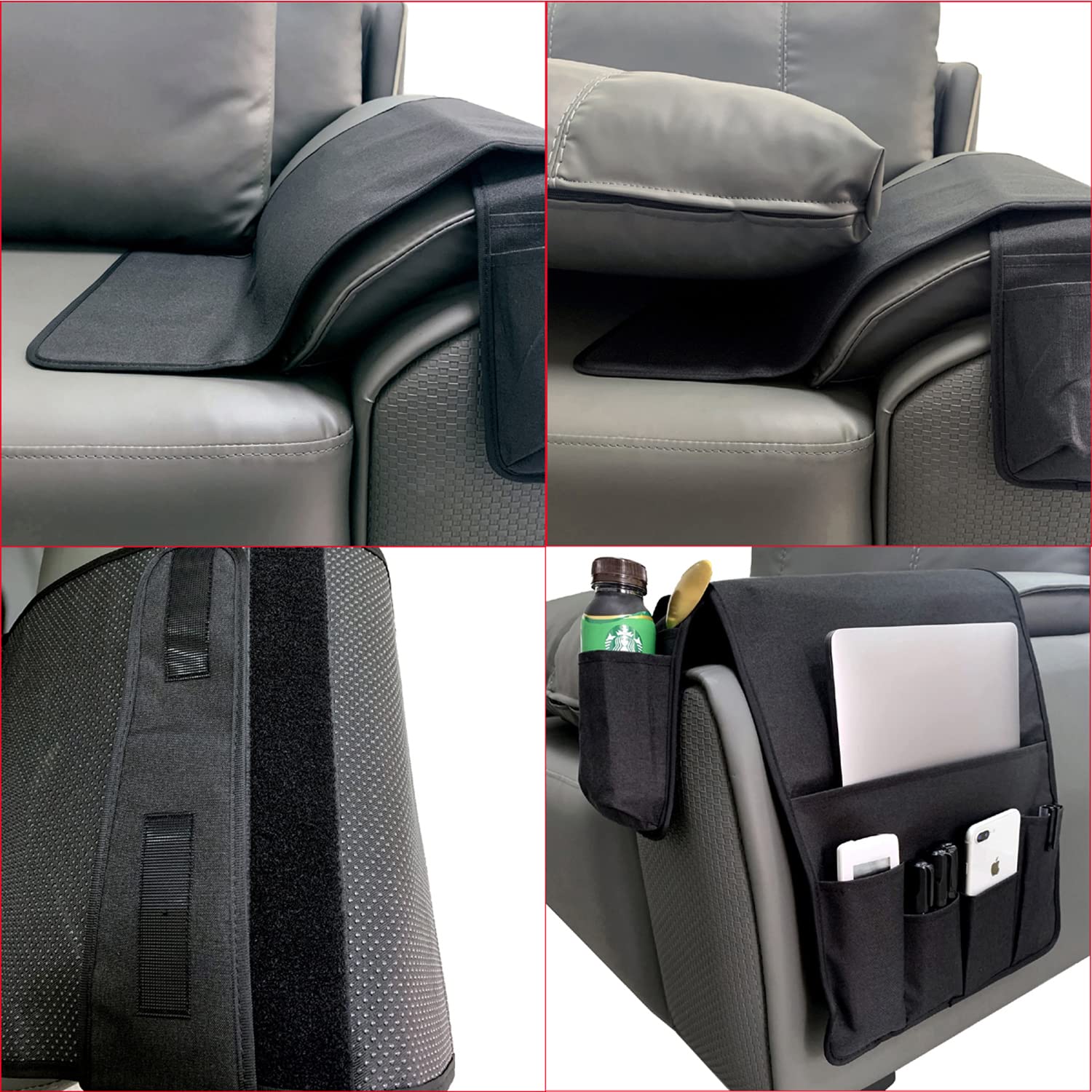 WANTY Sofa Armrest Organizer - Black Couch Caddy with Storage Pockets for Remote, Phone, Tablet, Books & Drinks | Perfect for Living Room, Bedroom & Office Use