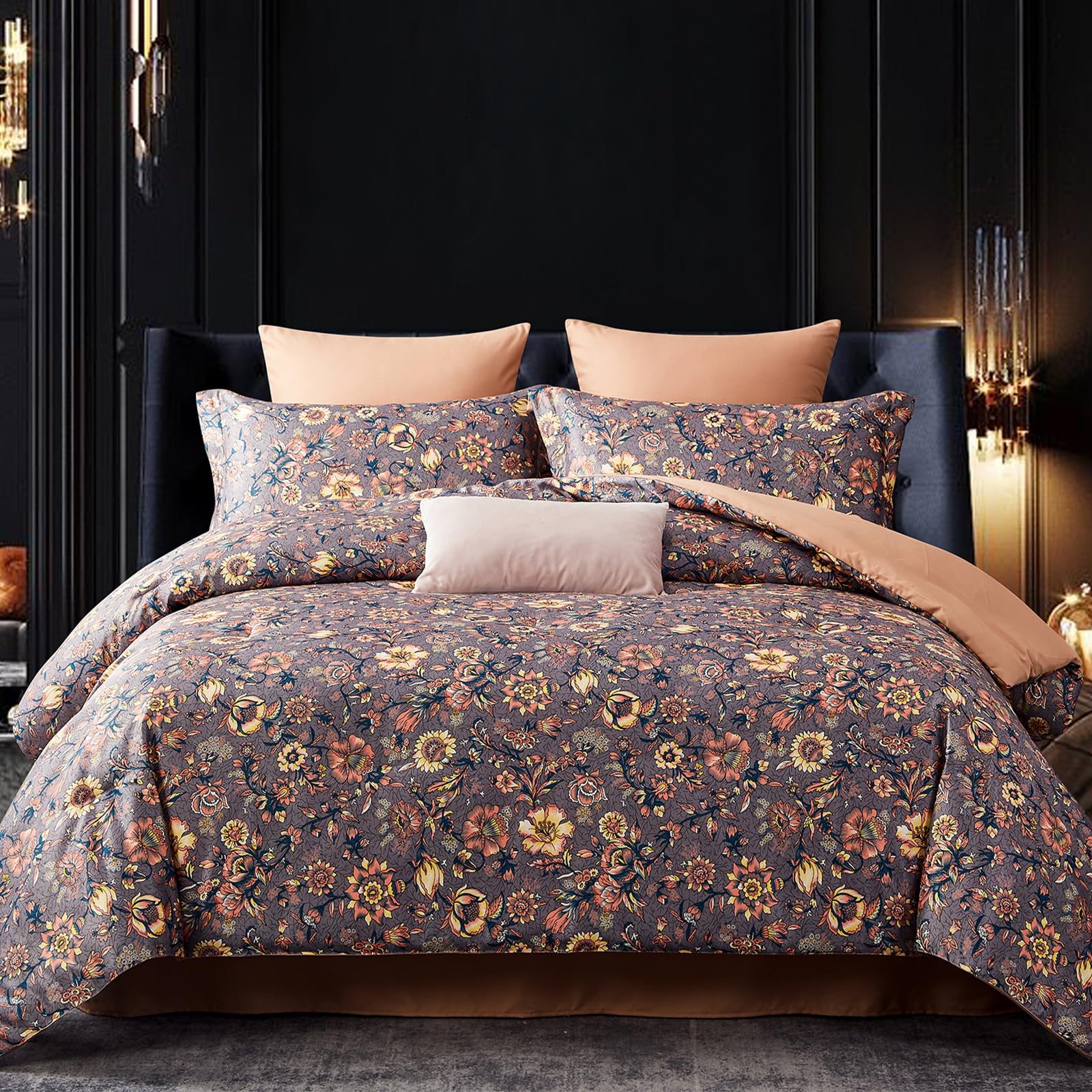 King Size Comforter Set 7-Piece Bed in a Bag - Ultra Soft Lightweight Floral Bedding for All Seasons | Luxury Brown Comforter for King Bed | Perfect for Master Bedroom, Guest Room & Dorm Decor