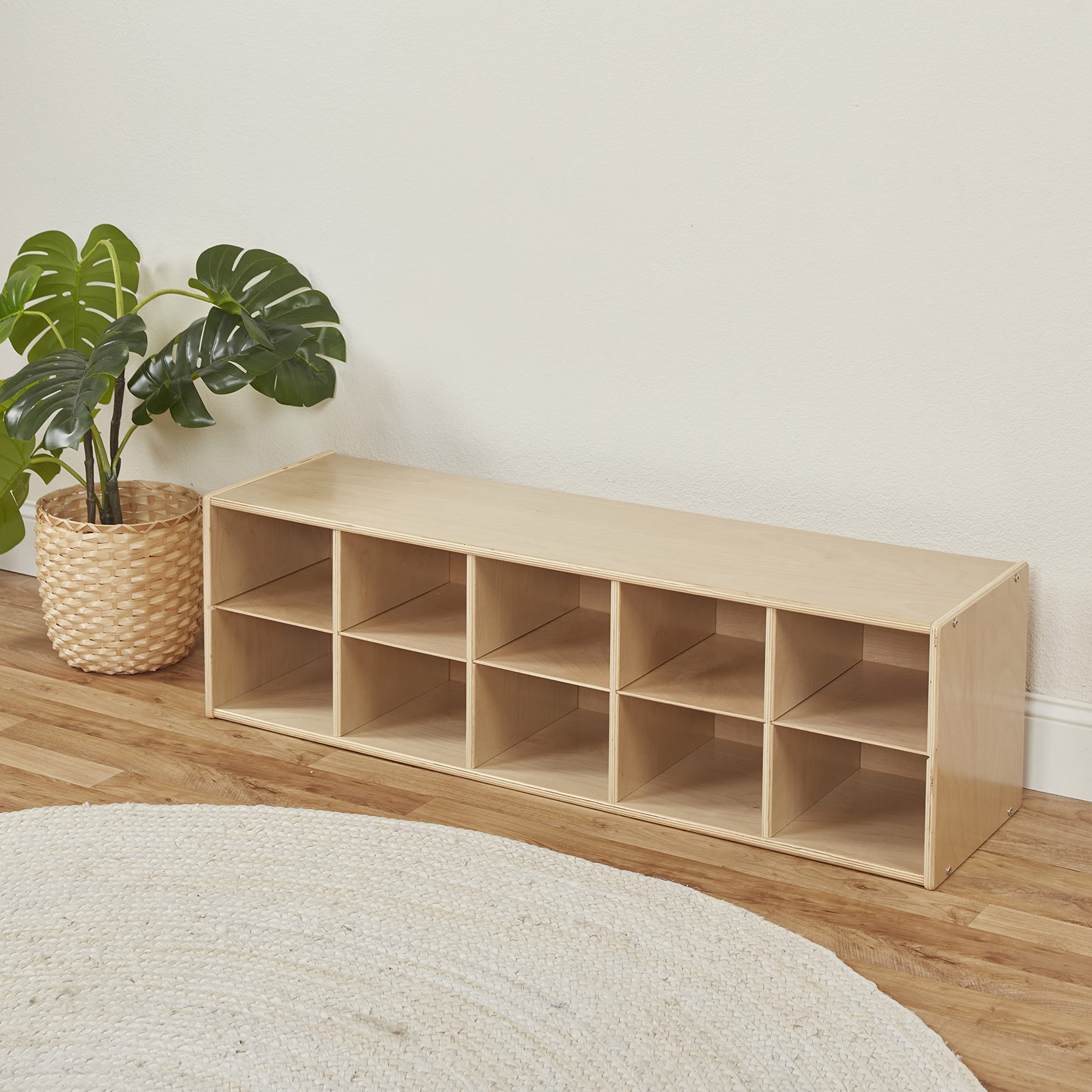 ECR4Kids 10-Cubby Storage Cabinet with Trays, 2x5 Organizer for Classroom, School, or Home - Natural Wood Kids Toy & Book Storage Shelf