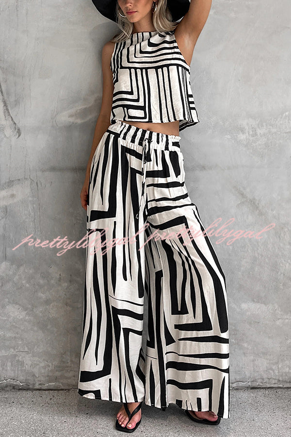 Women's Striped Printed Sleeveless Casual Top & Elastic Waist Loose Pocket Wide Leg Pants Set - Summer Outfit for Beach, Travel and Daily Wear
