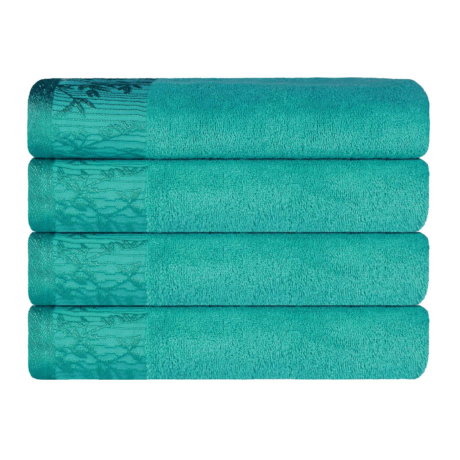 Premium Wisteria Cotton Floral Embroidered Jacquard Border Bath Towel Set of 4 - Ultra Soft & Absorbent Luxury Towels for Spa, Bathroom & Guest Use