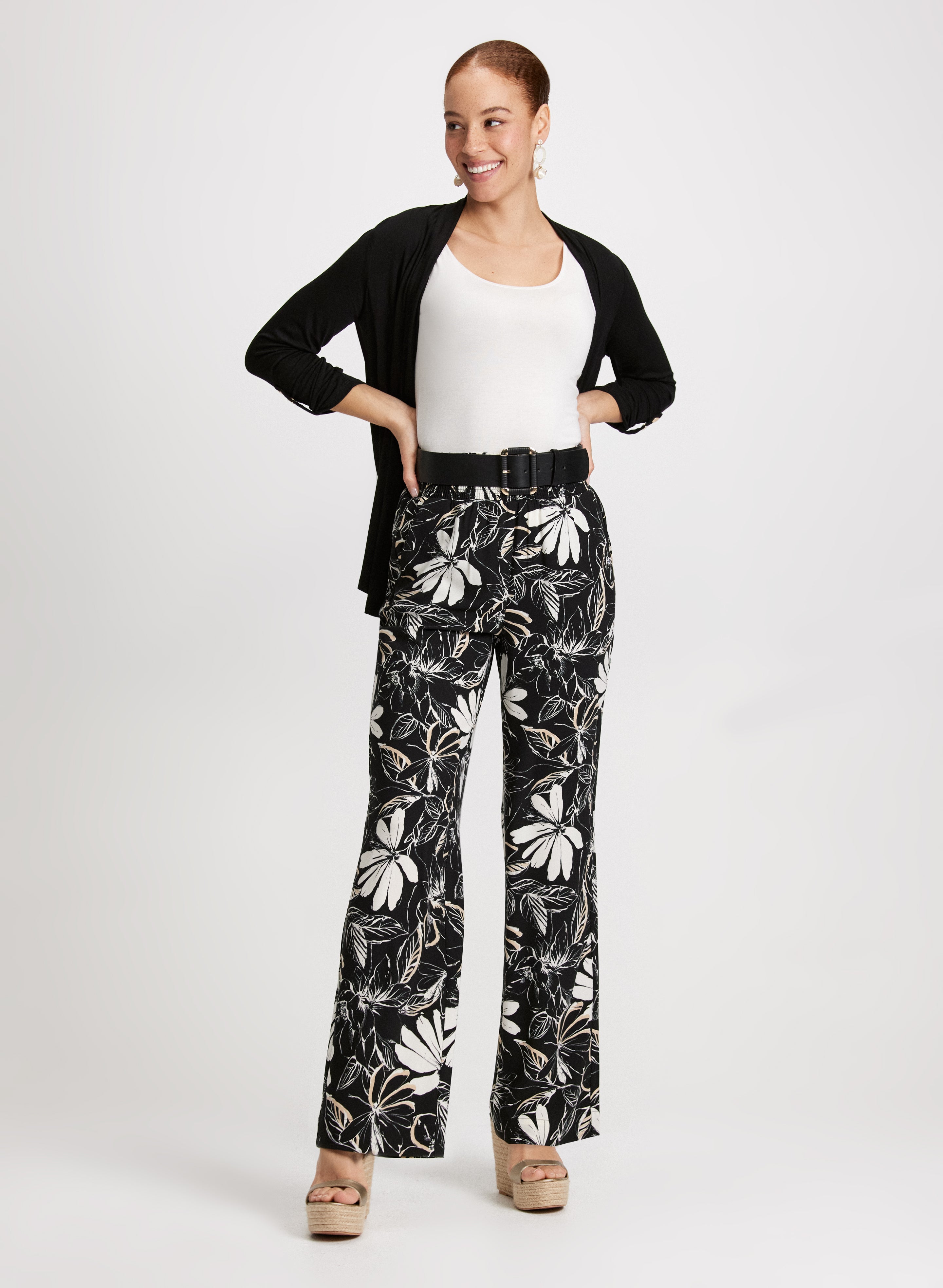 Embellished Sleeve Cardigan & Floral Wide Leg Pants Set - Women's Elegant Knit Sweater and High Waisted Palazzo Pants Outfit for Work, Date Night and Special Occasions