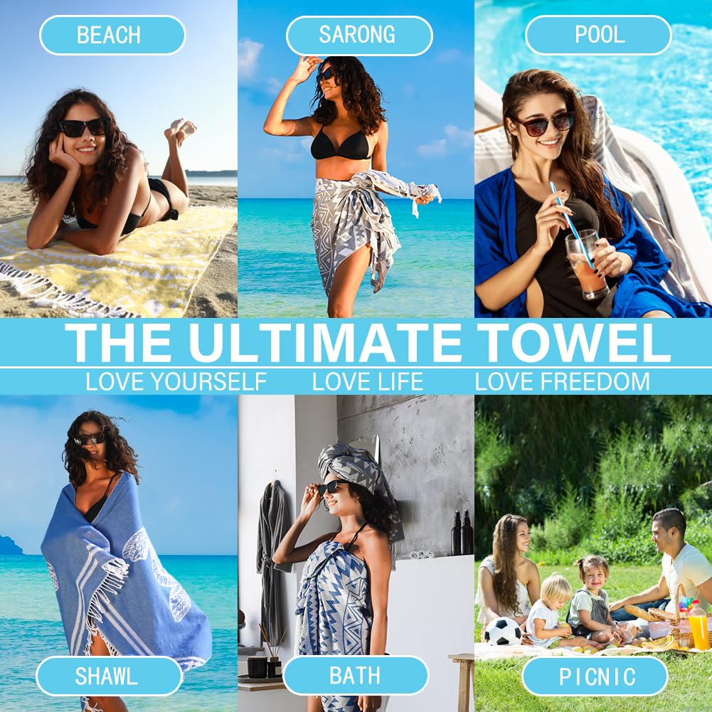 Premium Turkish Beach Towel - Extra Large Lightweight Quick Dry Absorbent Cotton Bath & Swim Towel - Oversized Sand-Free Pool Towel for Adults - Perfect for Beach Vacations, Poolside Lounging & Spa Days