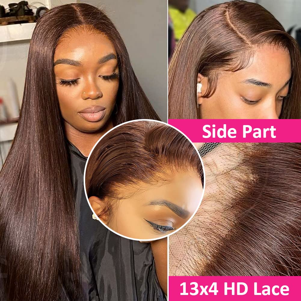 13x4 Brown Lace Front Wigs Human Hair with Baby Hair - 180% Density Straight Lace Frontal Wig - Pre Plucked Hairline - 4# Brown Color - 28 Inch - Perfect for Daily Wear, Cosplay & Special Occasions
