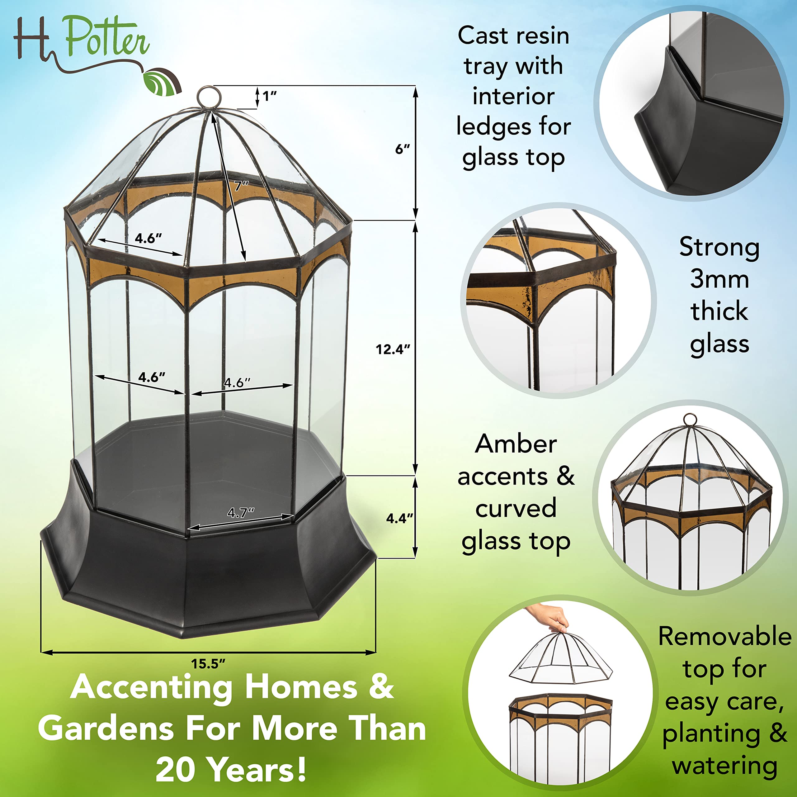 H Potter 8-Sided Terrarium Wardian Case with Curved Glass & Brown Accents - Large Glass Greenhouse for Plants, Succulents & Home Decor | Perfect for Indoor Gardening, Office Decor & Gift Ideas