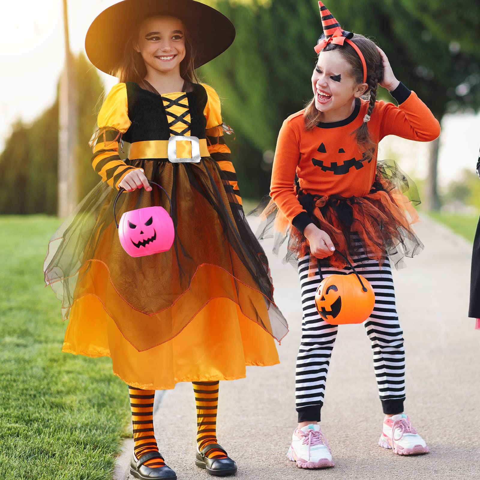4 Pcs Halloween Witch Costume Set for Kids - Cute Witch Hat, Broom, Tutu & Striped Stockings - Perfect for Girls' Fairy Tale Dress Up, Trick or Treat & Halloween Parties
