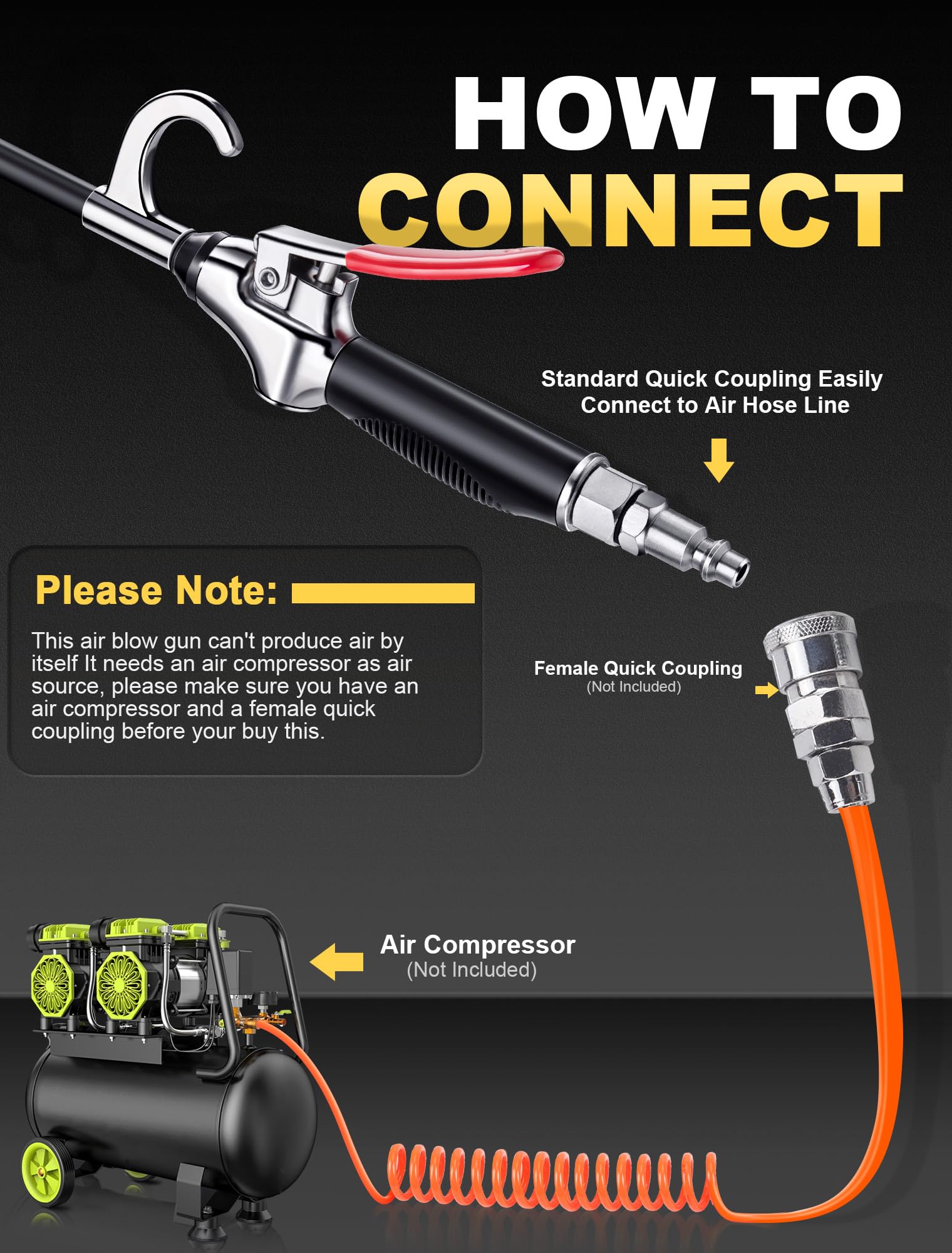 Industrial High Volume Air Blow Gun with Rubber Guard & Aluminum Nozzle - Anti-Slip Rubber Coated Metal Handle - Pneumatic Compressor Accessory for Dust Cleaning | Workshop, Garage, Auto Repair & DIY Projects