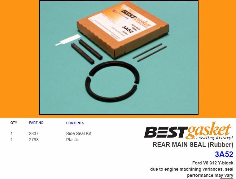 High-Quality RUBBER Rear Main Engine Bearing Seal Set - Compatible with Ford/Mercury 312 Y Block (1956-1960) - Perfect for Engine Rebuilds & Classic Car Restoration Projects